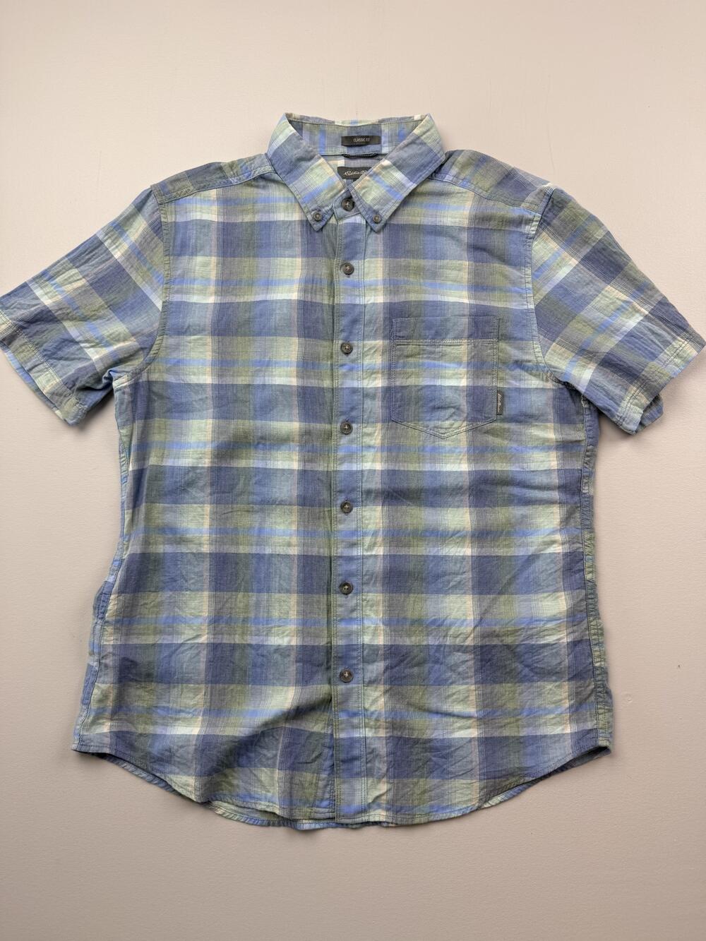 Eddie Bauer Shirt Mens Medium Blue Plaid Short Sleeve Button Up Casual Twill